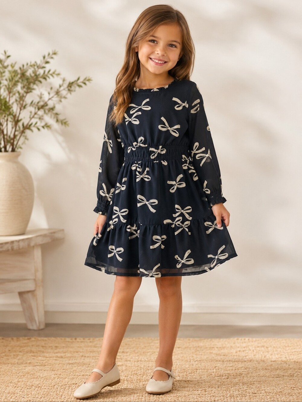 Carter's Girls Bow Print Dress 6 6X Black Sheer Long Sleeve Party Twirl Like New